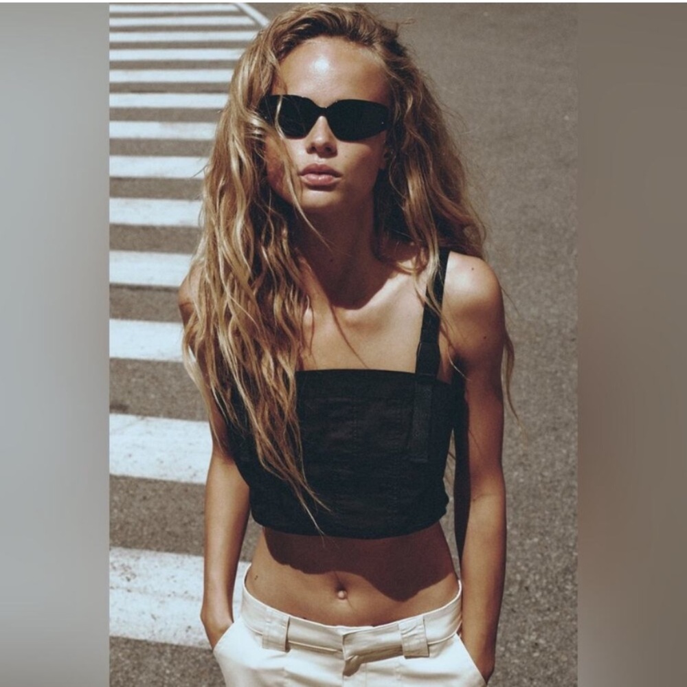 Zara Black Cropped Technical Utility Buckle Clip Strap Cotton‎ Tank Top Size XL